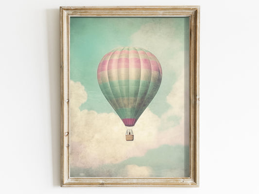 Vintage Hot Air Balloon Wall Art - Digital Printable Decor, Sky and Clouds, Retro-Inspired, Muted Pastel Colored Home Decor