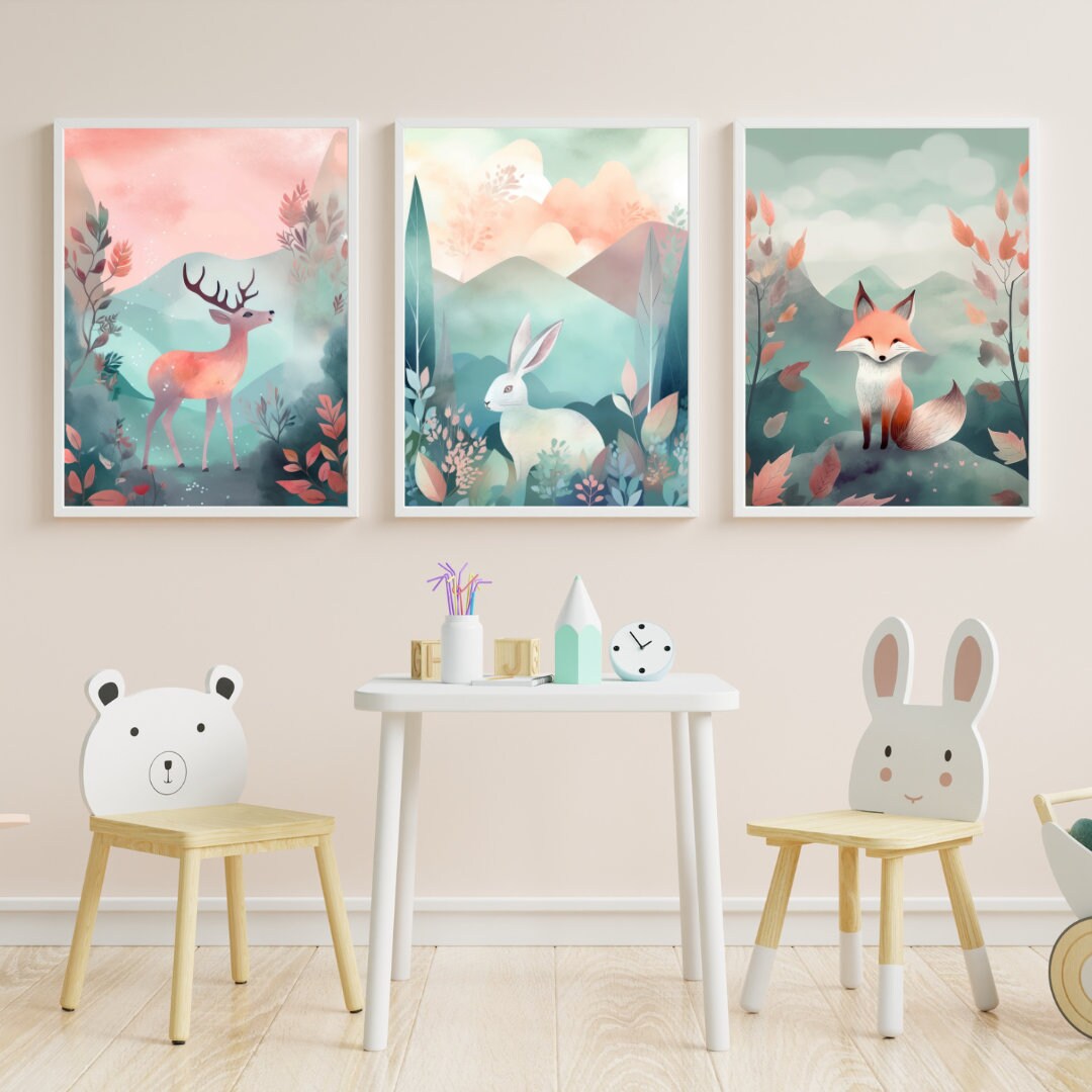 Wonderland Nursery Wall Art Set - Deer, Rabbit & Red Fox Watercolor Paintings, Dreamlike Animal Prints, Digital Printable Art, Download