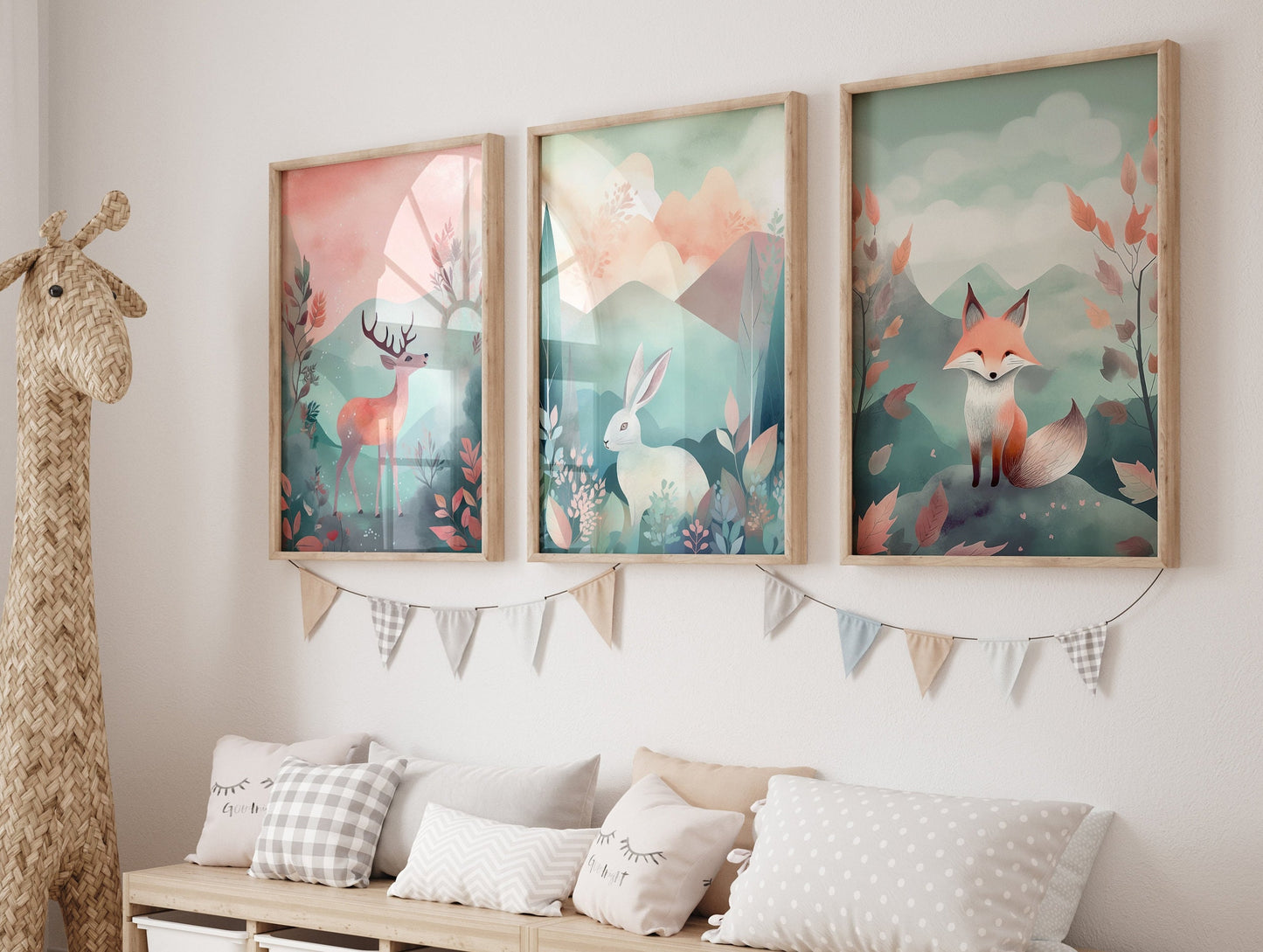 Wonderland Nursery Wall Art Set - Deer, Rabbit & Red Fox Watercolor Paintings, Dreamlike Animal Prints, Digital Printable Art, Download