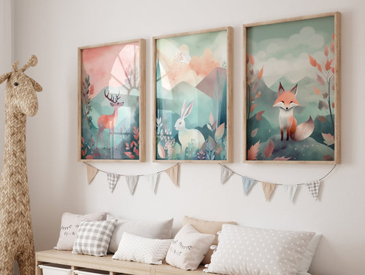 Wonderland Nursery Wall Art Set - Deer, Rabbit & Red Fox Watercolor Paintings, Dreamlike Animal Prints, Digital Printable Art, Download