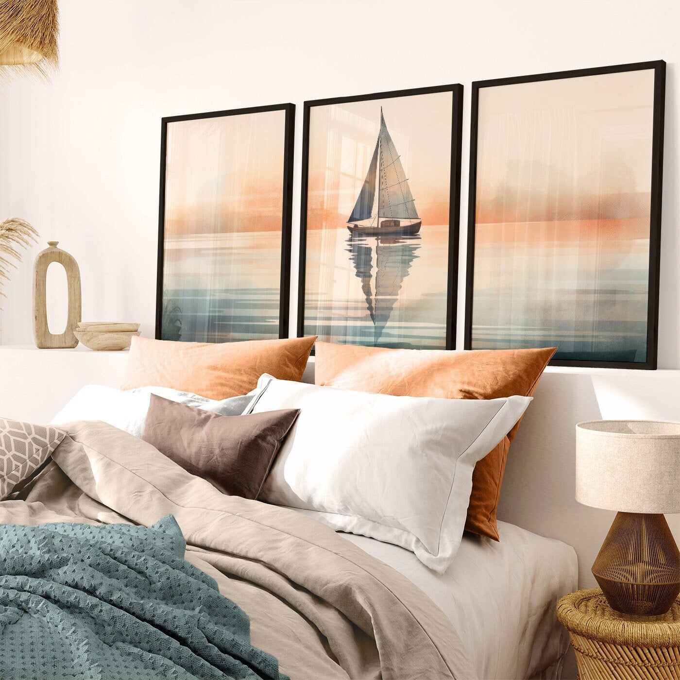 Sailboat Painting, Nautical Decor, Sailing Wall Decor, Sail Boat Art Print, Sea Wall Art, Lake Sunset, Set of 3, Digital Printable Art