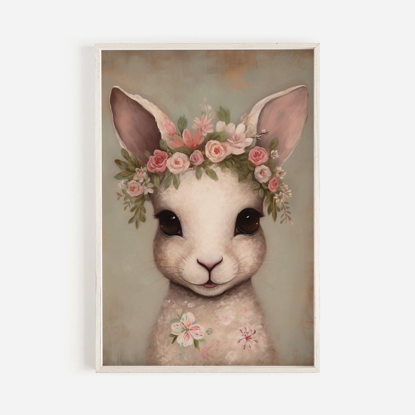 Vintage Bunny with Floral Crown, Nursery Animal Portrait, Rabbit Wearing Flower Wreath on its Head - Digital Printable Wall Art