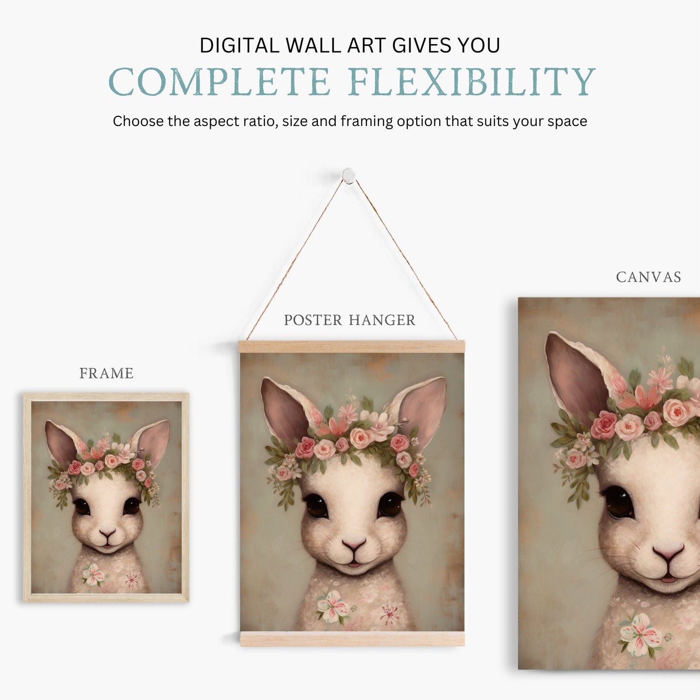 Vintage Bunny with Floral Crown, Nursery Animal Portrait, Rabbit Wearing Flower Wreath on its Head - Digital Printable Wall Art