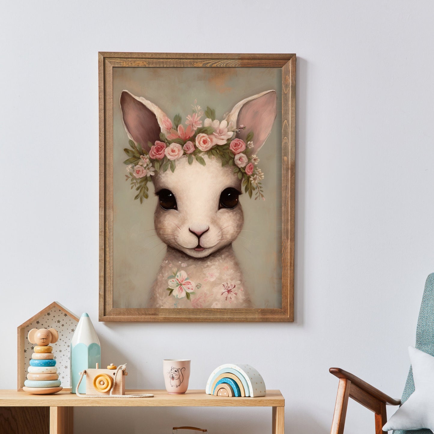 Vintage Bunny with Floral Crown, Nursery Animal Portrait, Rabbit Wearing Flower Wreath on its Head - Digital Printable Wall Art