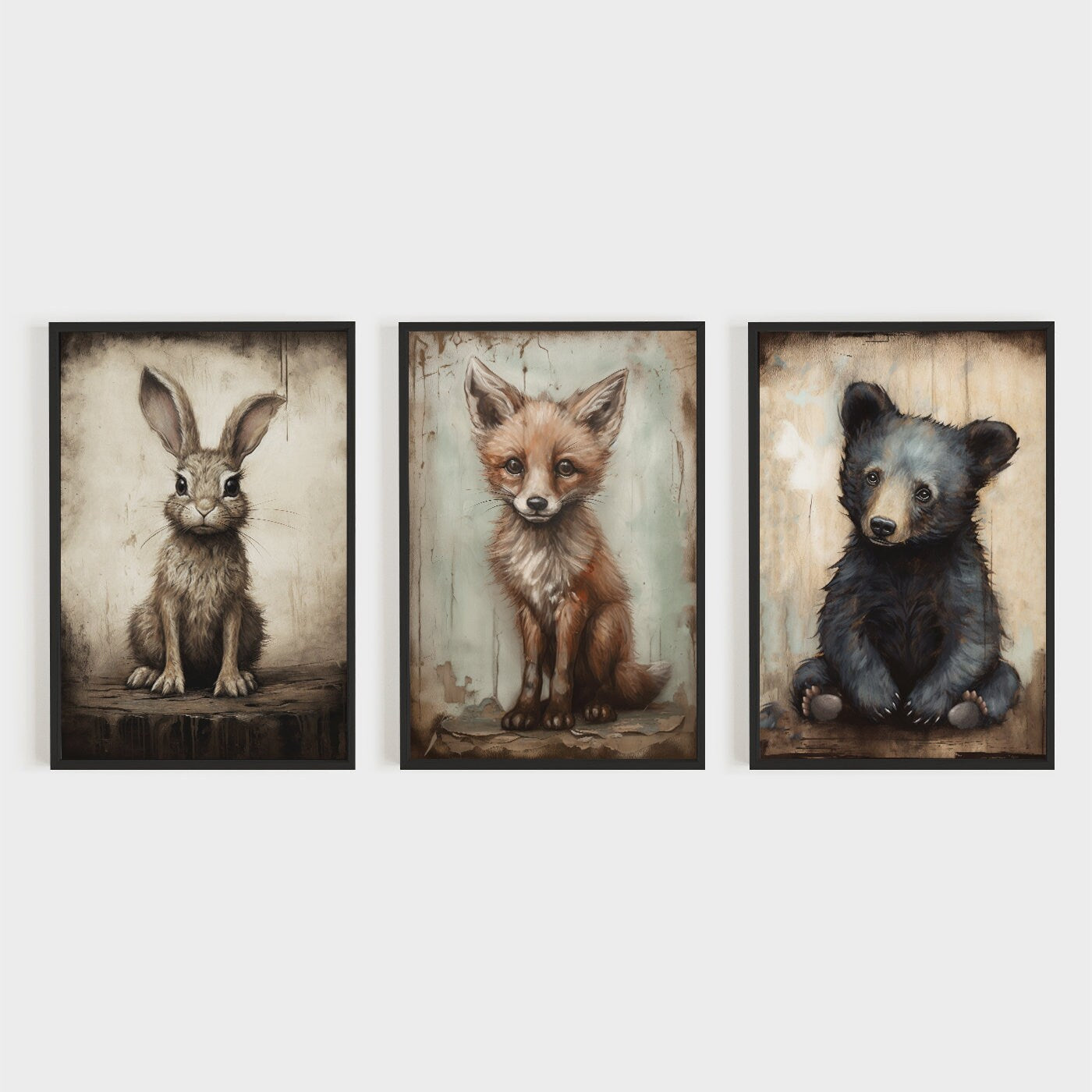 Rustic Nursery Decor, Unique Woodland Baby Animal Wall Art, Bear, Hare, and Fox, Set of 3, Printable Digital Art for Kids Room or Playroom