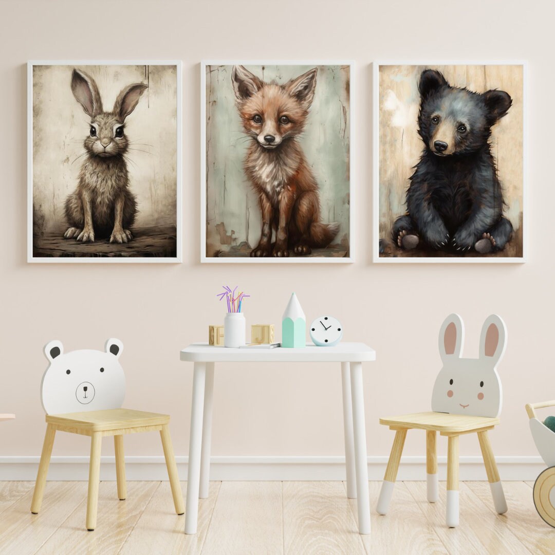 Rustic Nursery Decor, Unique Woodland Baby Animal Wall Art, Bear, Hare, and Fox, Set of 3, Printable Digital Art for Kids Room or Playroom