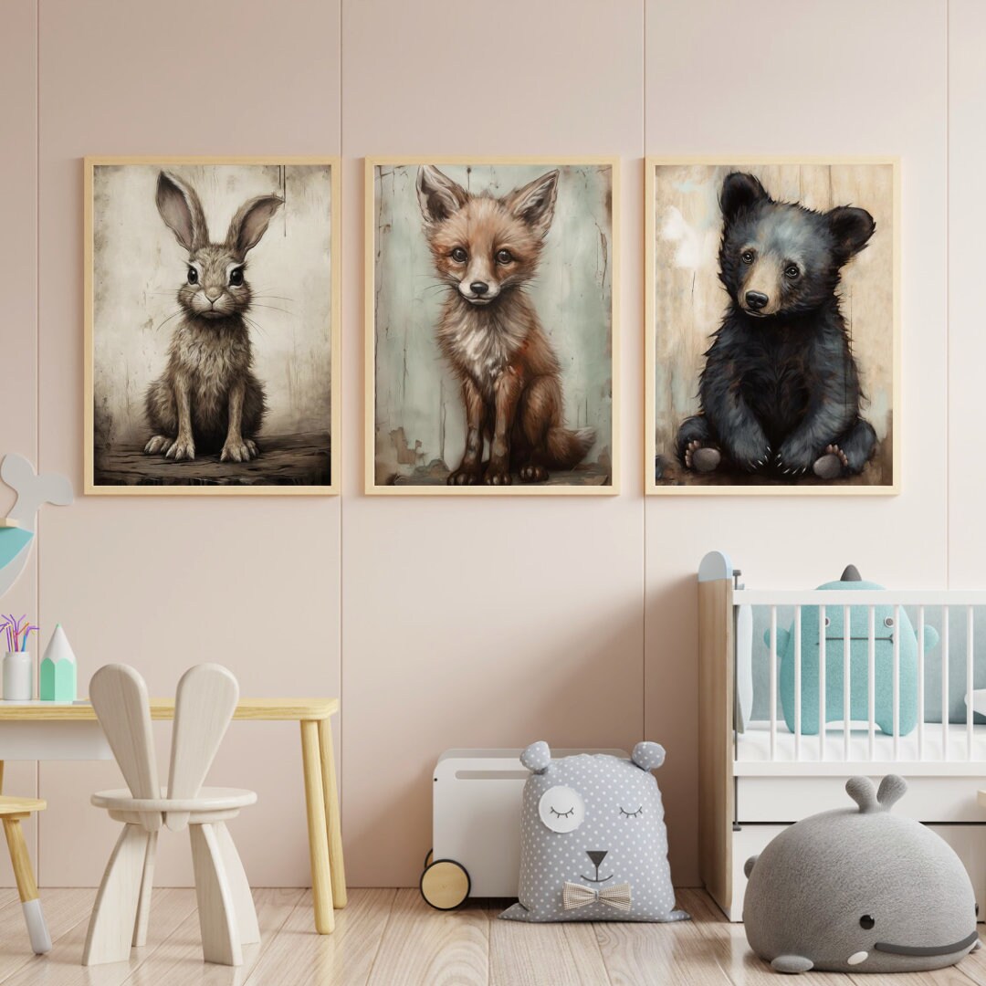 Rustic Nursery Decor, Unique Woodland Baby Animal Wall Art, Bear, Hare, and Fox, Set of 3, Printable Digital Art for Kids Room or Playroom