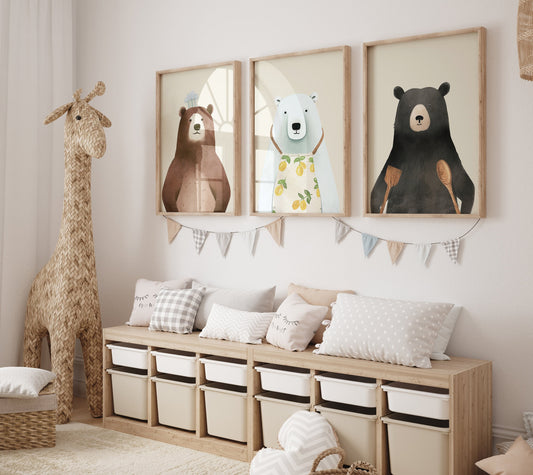 Bear Nursery Wall Art - Set of 3, Kitchen Bear Chefs, Black, Brown, Polar Bear,Minimalist Digital Printable Decor for Kids Room