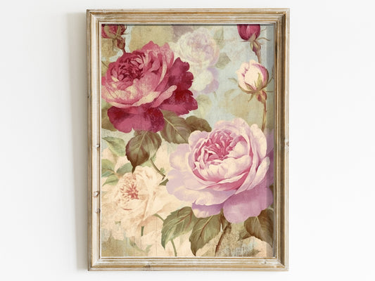 Vintage Elegance - Distressed Pink & Red Rose Wall Art - High-Resolution Digital Printable French Farmhouse Decor