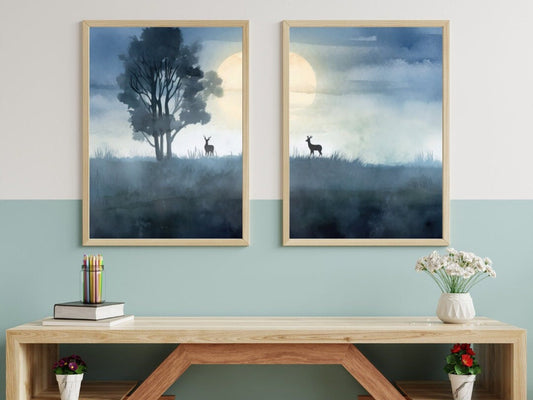 Deer Wall Art, Printable Watercolor Wall Art, Set of 2, Nature Print, Woodland Animal Decor, Blue Wall Decor, Watercolor Landscape, Sunset