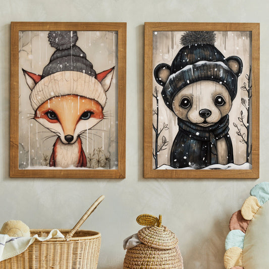 Cozy Wilderness Pals - Set of 2 Vintage Woodland Animal Wall Art - Red Fox and Bear in Beanies, Distressed Digital Printable Kids Room Decor