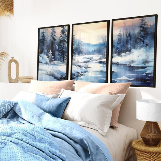 Watercolor Forest Winter Landscape Art, Digital Art - Set of 3, Snowy Forest Painting, Nature Print, Tranquil Living Room or Bedroom Art