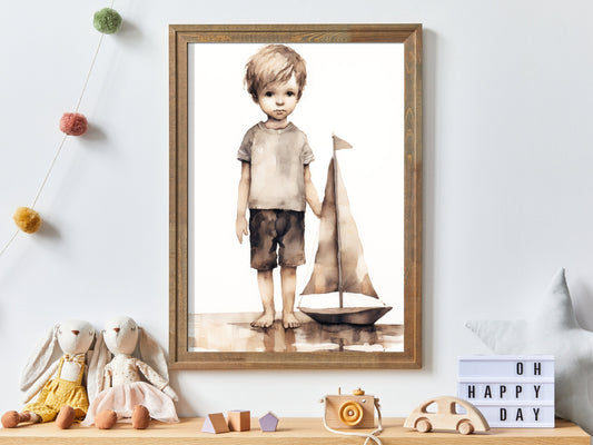 Vintage Nautical Nursery Decor, Toddler Room Decor Boy, Little Boy with Toy Sail Boat, Rustic Nursery or Boys Room Decor, Printable Kids Art