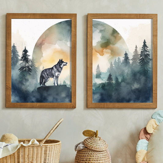 Wolf Art Prints, Wolf in the Forest Full Moon Wall Art, Watercolor Wolf Painting, Woodland Animal Decor, Set of 2, Digital Printable Art