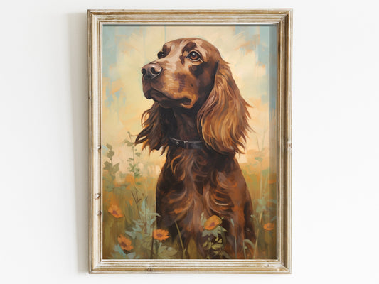 Vintage Cocker Spaniel Wall Art - Brown Cocker Spaniel in Blooming Meadow - Digital Printable Dog Wall Art - Muted Colors