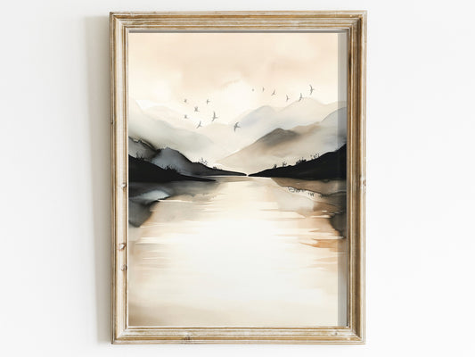 Watercolor Nature Painting, Abstract Landscape, Beige Wall Decor, Digital Artwork, Lake Wall Art, Printable Mountain Art Print, Beige Art