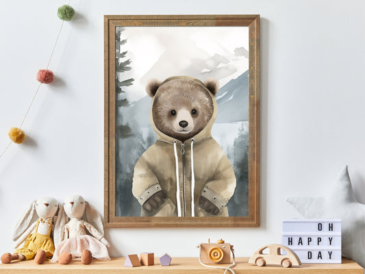 Bear Wearing Clothes, Bear Kids Room Print, Vintage Watercolor Nursery Wall Decor, Cute Nursery Animal Art, Digital Printable Bear Wall Art