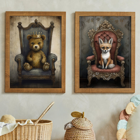 Vintage Teddy Bear and Red Fox Portraits, Cute Nursery Printable Forest Animal Wall Art, Royal Animals Art, Set of Two