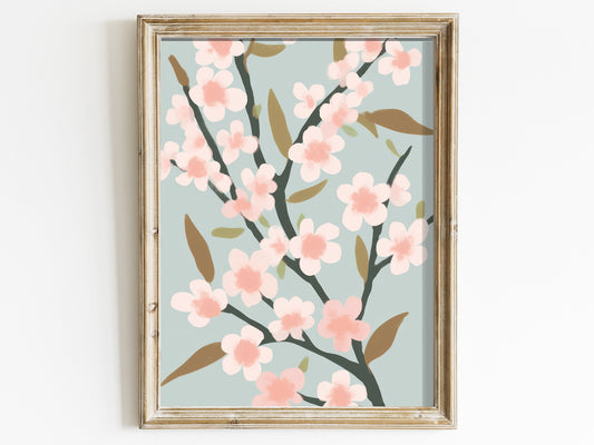 Vintage Floral Wall Art: Cherry Blossom Branch, Pink Cherry Blossom Flowers on Muted Green-blue Background, Digital Printable Art