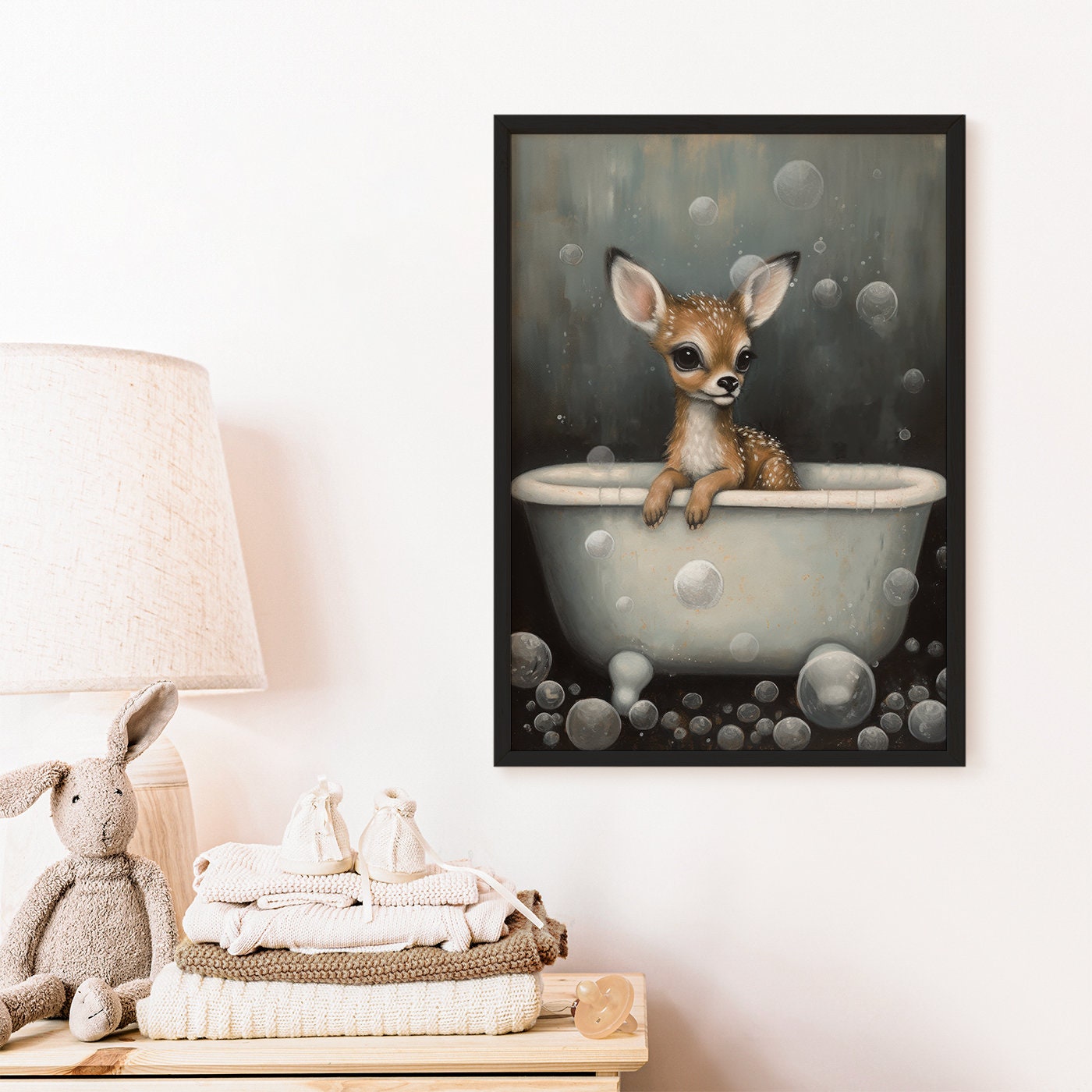 Vintage Nursery Art: Cute Baby Deer Fawn in Bath Tub, Printable Digital Wall Art for Nature and Animal-Loving Kids & Parents