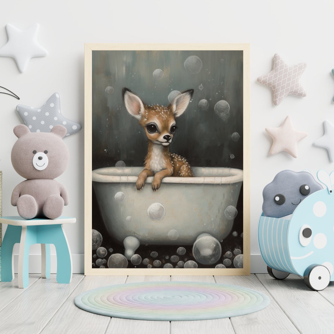 Vintage Nursery Art: Cute Baby Deer Fawn in Bath Tub, Printable Digital Wall Art for Nature and Animal-Loving Kids & Parents