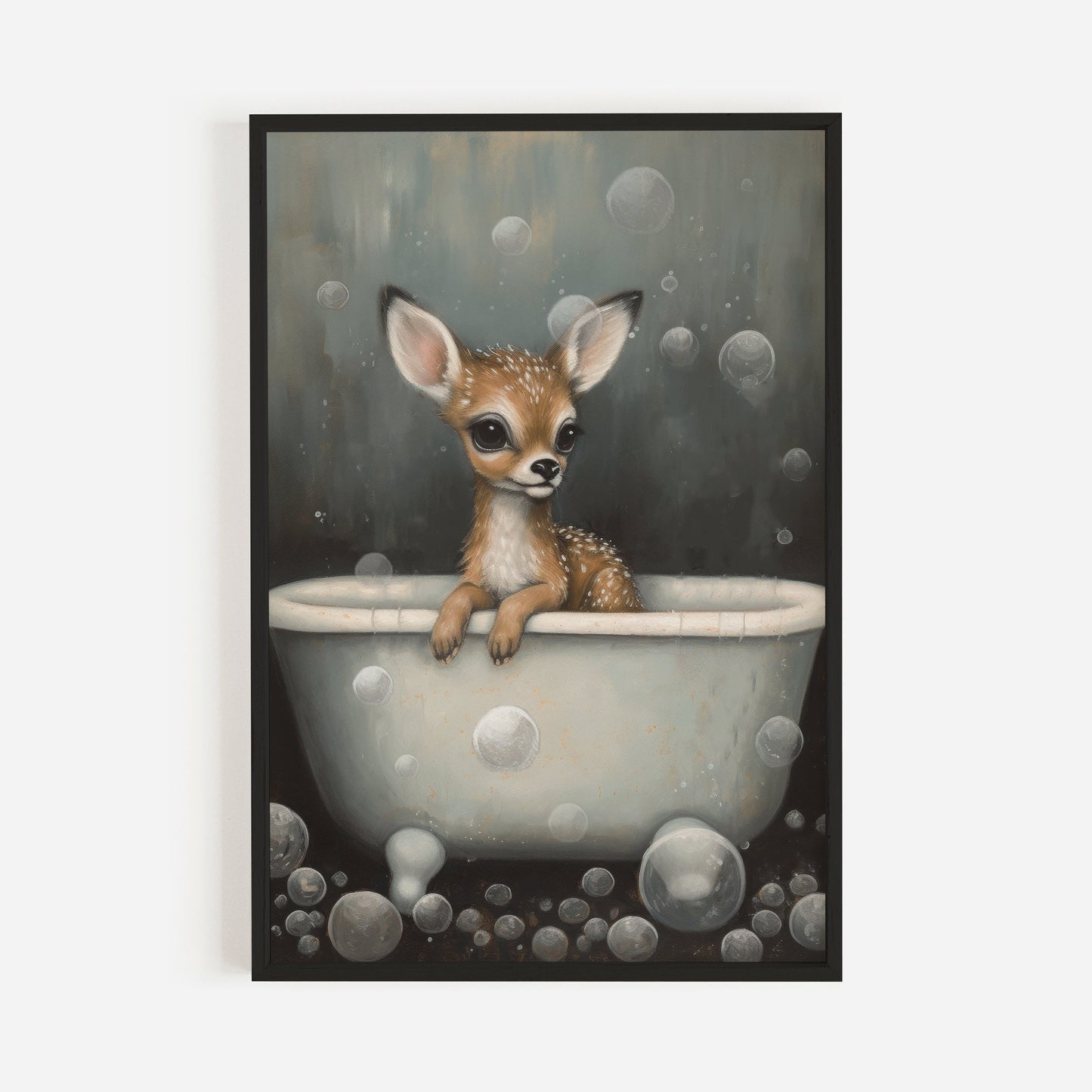 Vintage Nursery Art: Cute Baby Deer Fawn in Bath Tub, Printable Digital Wall Art for Nature and Animal-Loving Kids & Parents