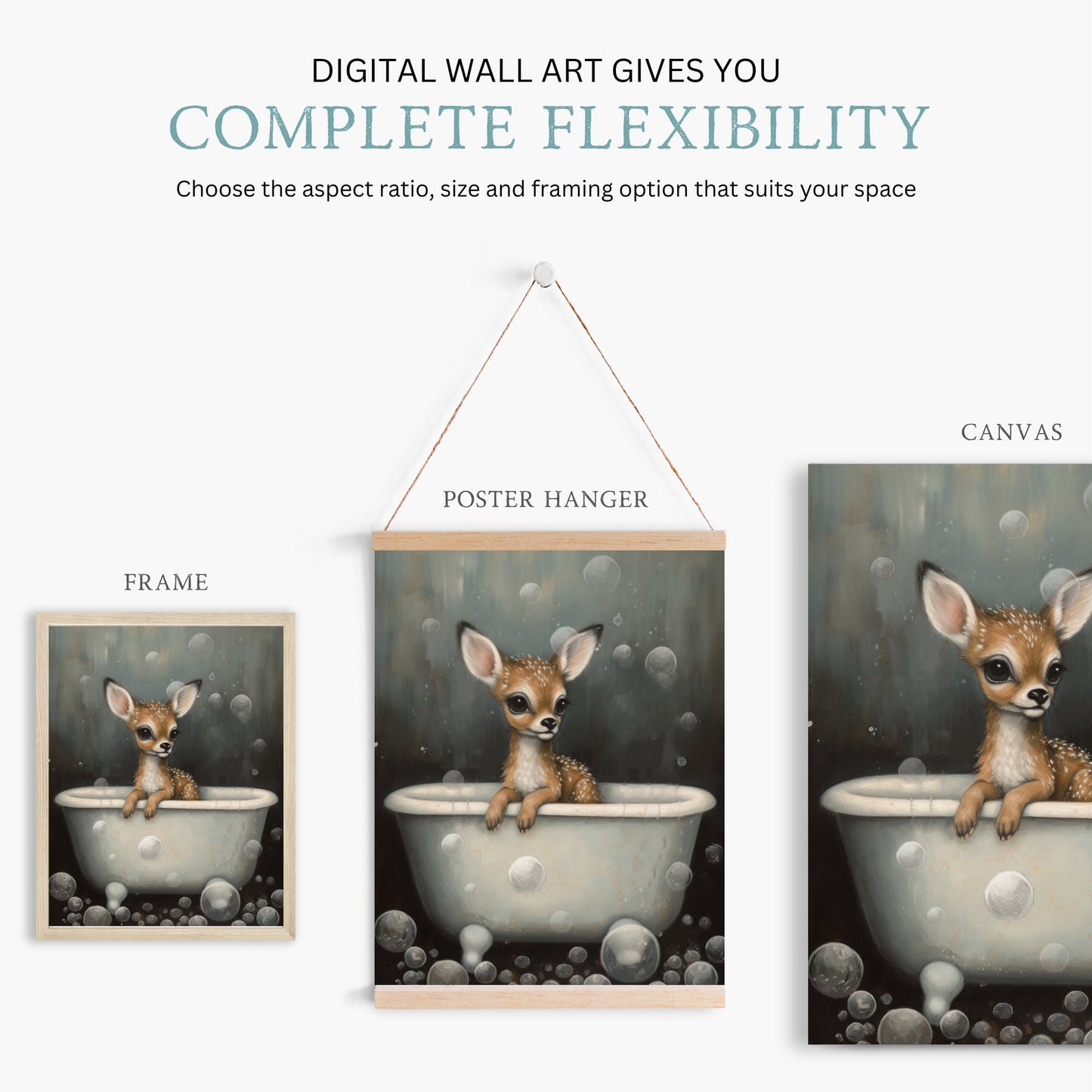 Vintage Nursery Art: Cute Baby Deer Fawn in Bath Tub, Printable Digital Wall Art for Nature and Animal-Loving Kids & Parents