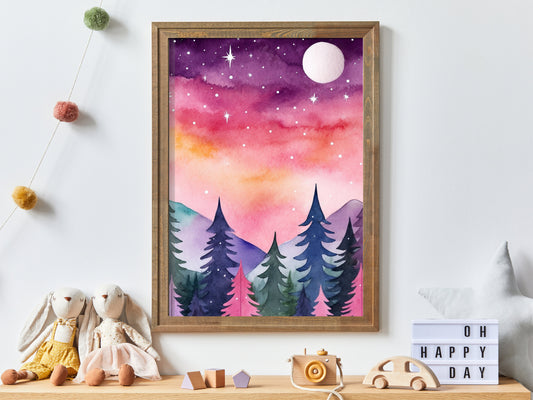 Watercolor Forest Nursery Wall Art, Colorful Nursery Decor, Moon & Stars, Watercolor Kids or Girl's Room Print, Digital and Printable Art