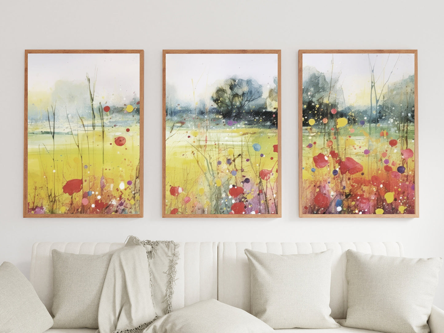 Wildflower Field Art Print, Set of 3, Watercolor Landscape Print, Flower Wall Art, Wildflower Meadow Painting, Printable Floral Wall Decor