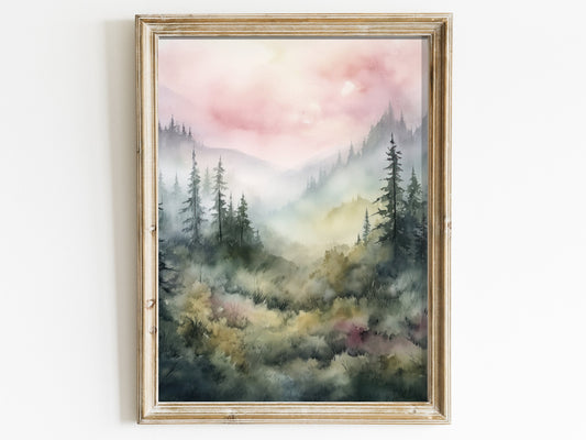 Watercolor Forest Wall Decor, Nature Print, Green and Pink Wall Art, Pine Forest, Misty Mountains and Forest Painting, Digital Printable Art