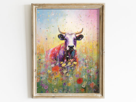 Bull with Horns Wall Art, Cow Wall Art, Cattle Print, Floral Animal Decor, Colorful Farm Decor, Farmhouse Home Decor, Digital Printable Art