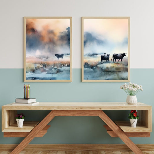 Cows Grazing at Sunset - Misty Landscape Watercolor Art, Set of Two, Digital Printable, Exquisite Countryside Charm and Farm Animal Wall Art