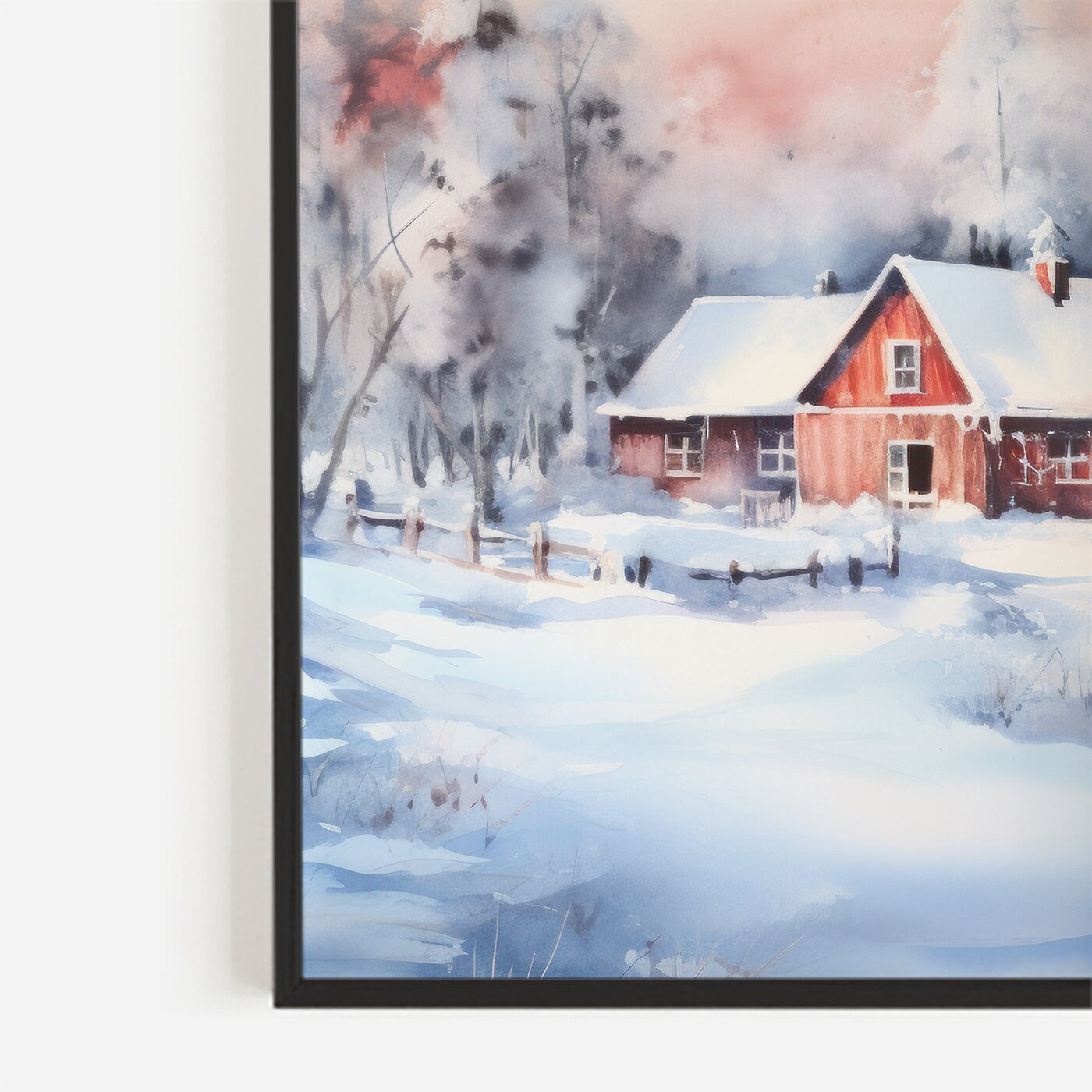 Winter Landscape, Digital Watercolor Print, Red Cottage Art, Winter Forest Painting, Snowy Landscape, Set of 3, Digital Printable Art