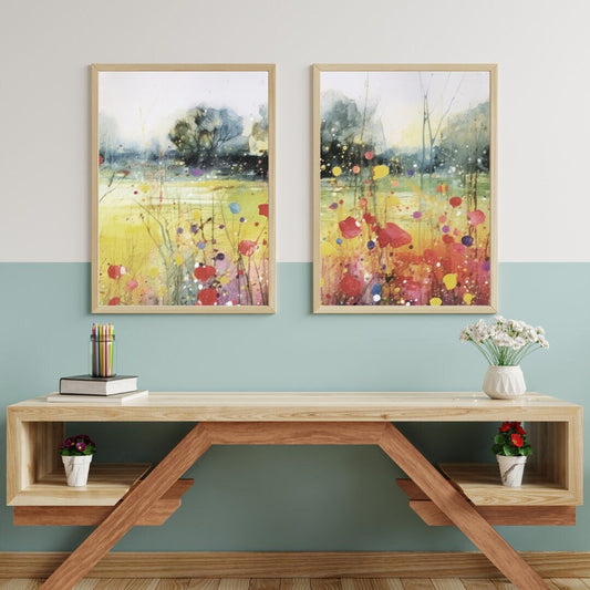 Colorful Wildflower Wall Art, Wildflower Field Art, Flower Field Print, Wildflower Meadow Painting, Set of 2, PRINTABLE Vintage Floral Art