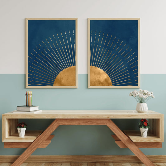 Vintage Boho Sun Wall Art, Celestial Art, Set of 2, Minimalist Boho Art Prints, Digital Printable Bohemian Decor, Gold and Blue Wall Prints