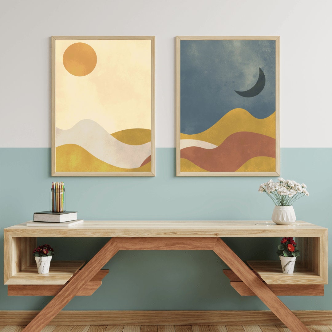 Boho Sun and Moon Wall Art, Day & Night Print, Mountain Desert Landscape, Bohemian Style, Printable Minimalist Boho Decor, Blue and Yellow