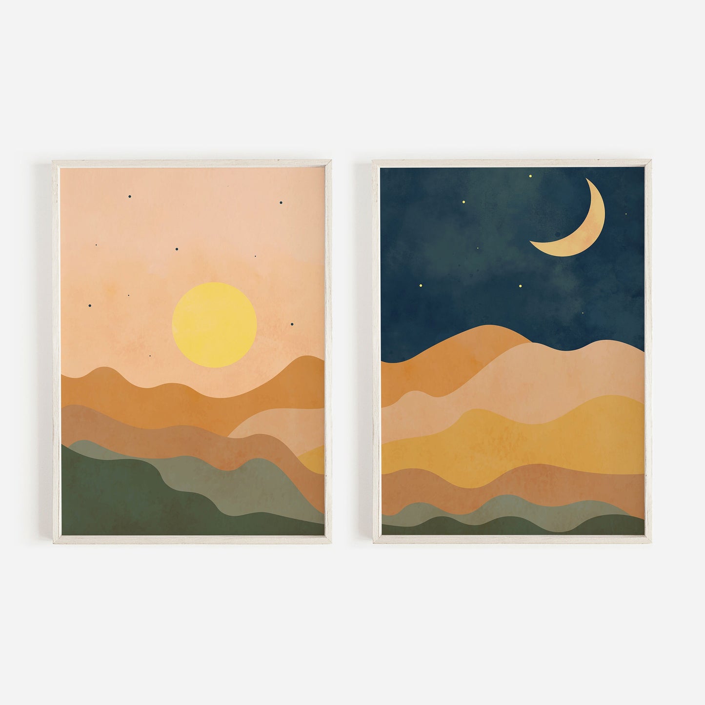 Boho Wall Art, Sun and Moon Dual Print, Minimalist Boho Decor, Night & Day Art, Mountain Landscape, Digital Printable Boho Decor, Set of 2