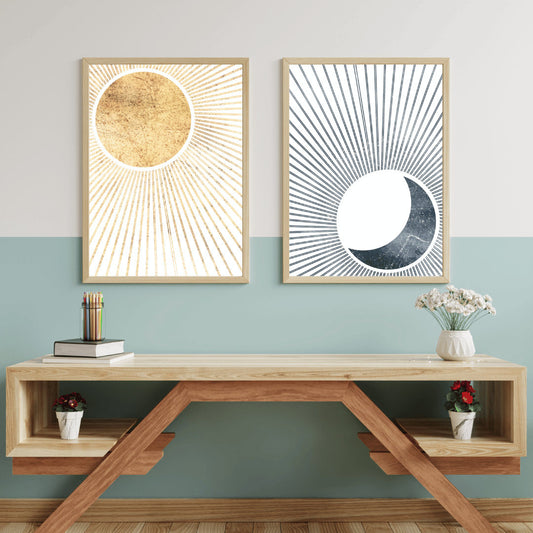 Sun and Moon Abstract Boho Art, Vintage Boho Decor, Celestial Wall Art, Day and Night Prints, Set of Two Digital Printable Wall Decor