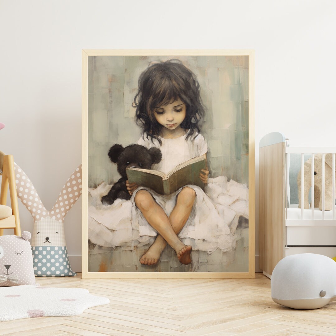 Printable Kids Study Room or Reading Corner Decor, Study & Reading Nursery Art, Girl and Teddy Bear Reading a Book in Bed, DIGITAL Art