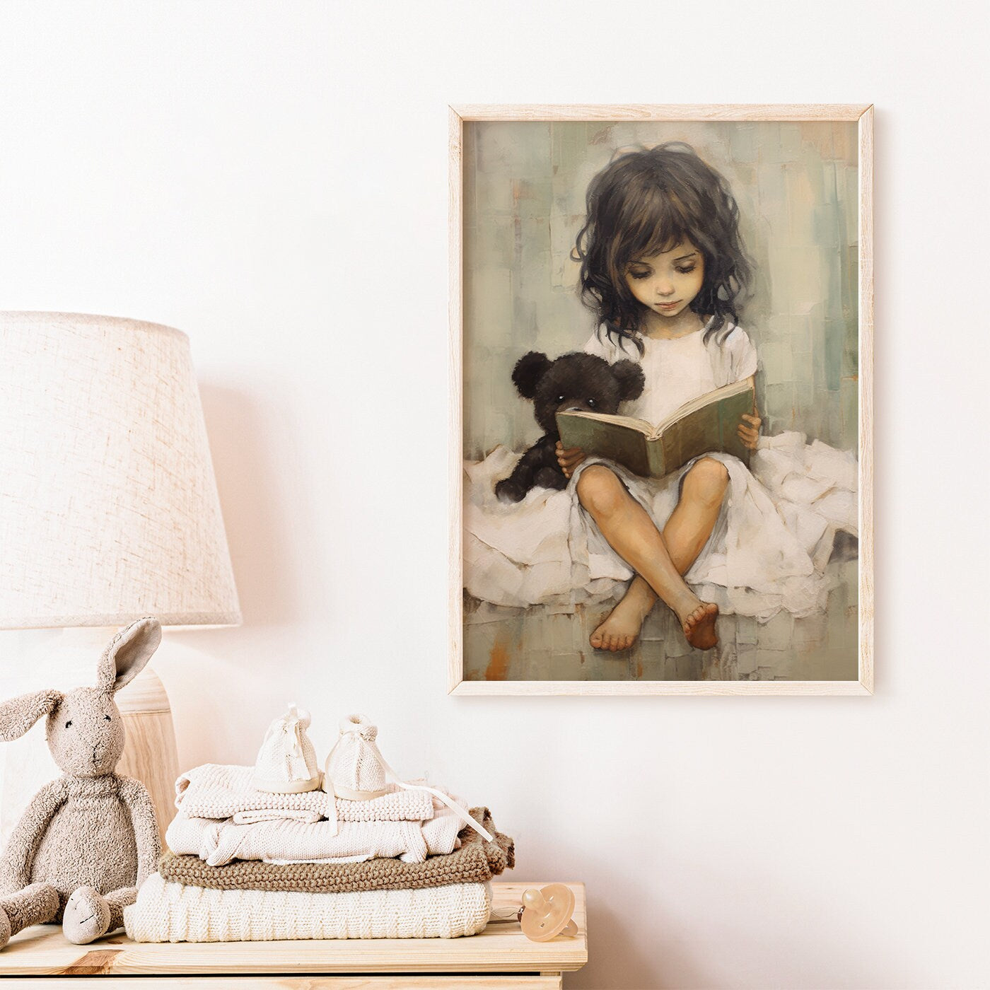 Printable Kids Study Room or Reading Corner Decor, Study & Reading Nursery Art, Girl and Teddy Bear Reading a Book in Bed, DIGITAL Art