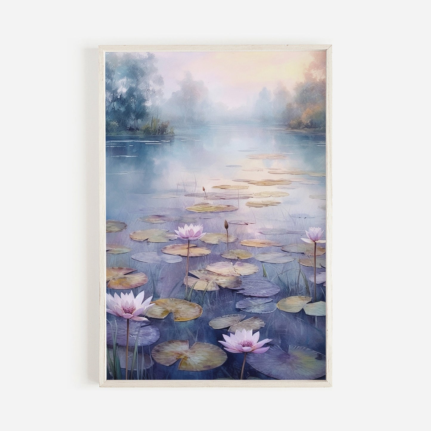 Tranquil Lake Watercolor Print - Water Lillies in Purple Colored Lake Landscape, Digital Printable Art for Serene Spaces