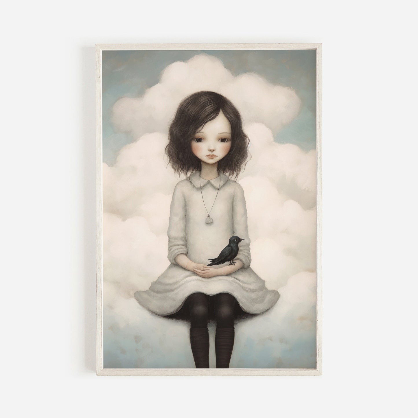 Vintage Wall Art, Little Girl on Cloud with Black Bird, Digital Printable Art, Unique & Quirky Nursery or Girl's Room Decor
