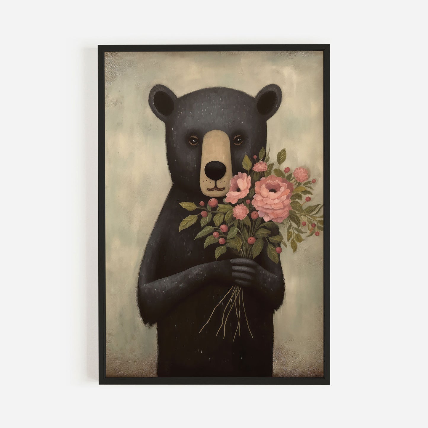 Vintage Black Bear Nursery Wall Art - Animal with Flowers Wall Art, Unique Nursery Decor, Digital Printable Art for Your Kids Room