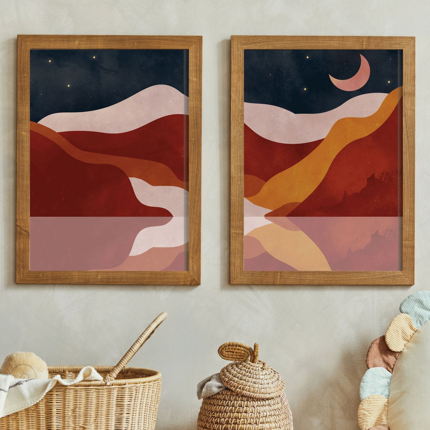 Boho Mountain Wall Art - Nighttime Bohemian Landscape, Moon and Stars, Digital Printable Art, Set of Two