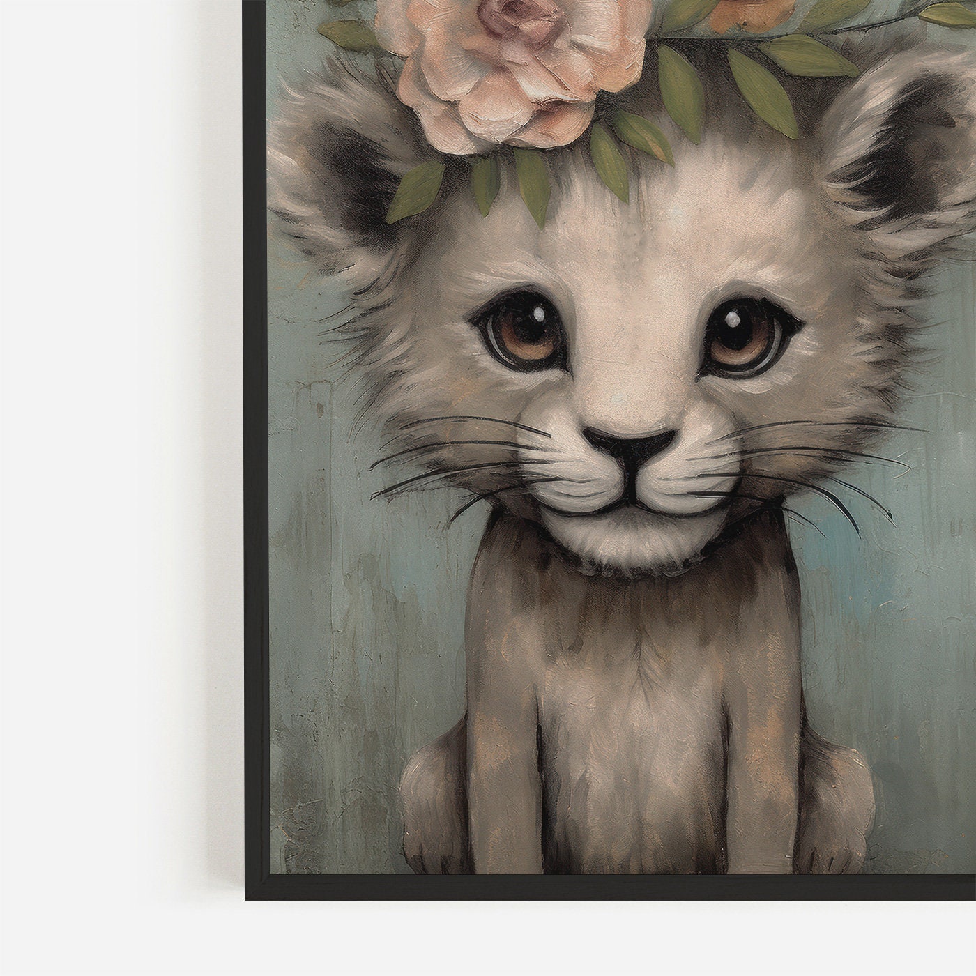 Vintage Safari Animal Nursery Wall Art - Baby Lion and Cheetah with Flower Crowns, Set of Two, Digital Printable Art