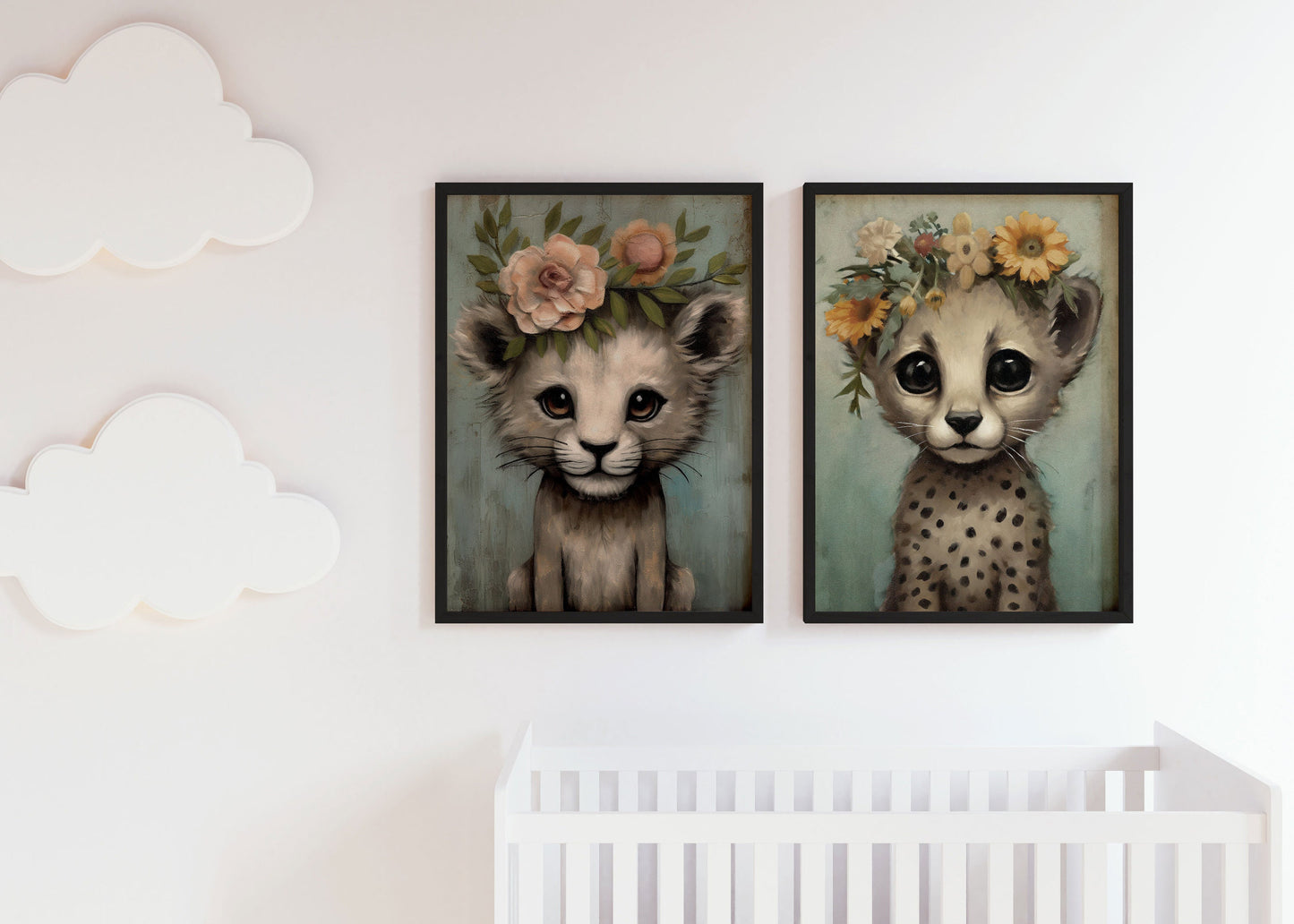 Vintage Safari Animal Nursery Wall Art - Baby Lion and Cheetah with Flower Crowns, Set of Two, Digital Printable Art