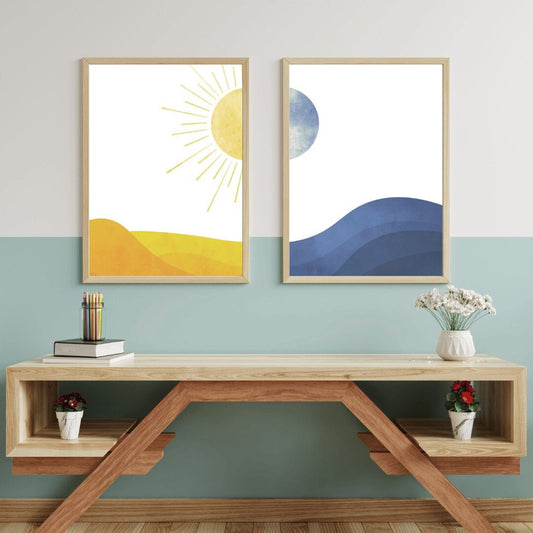 Day & Night Dual Bohemian Landscape, Boho Mountain Wall Art, Moon and Stars, Digital Printable Art, Set of Two