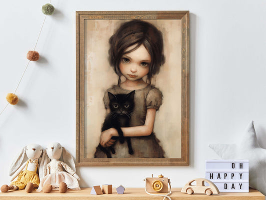 Vintage Nursery Wall Art, Cat Nursery Print, Little Girl with Black Cat, Whimsigoth Decor, Girls Room Decor, Digital Printable Art for Girls