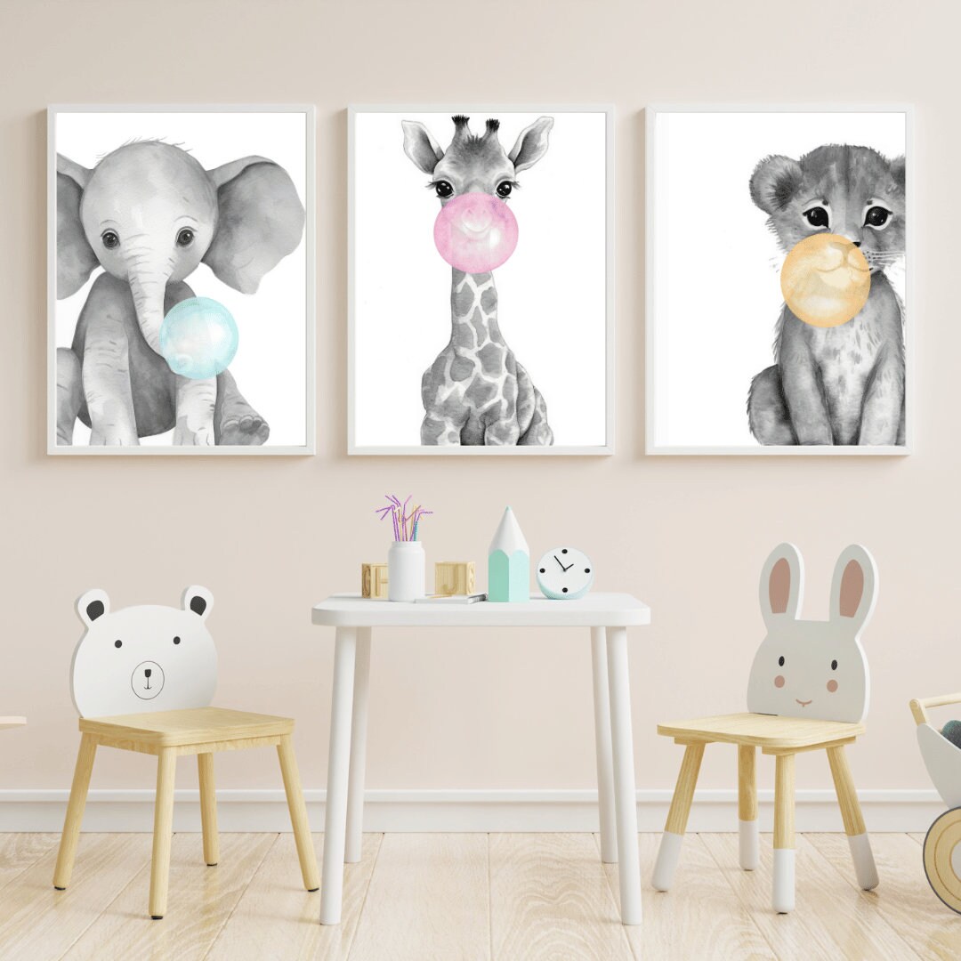 Animals Bubblegum, Animals Blowing Bubbles, Whimsical Safari Animal Nursery Decor, Set of 3, Nursery Animal Prints,