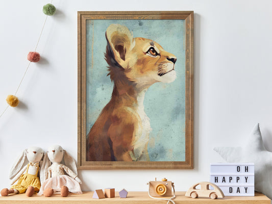 Cute Animal Wall Art, Vintage Nursery Print, Baby Lion Cub Art, Safari Animal Decor for Kids Room or Bedroom, Neutral Nursery Printable Art